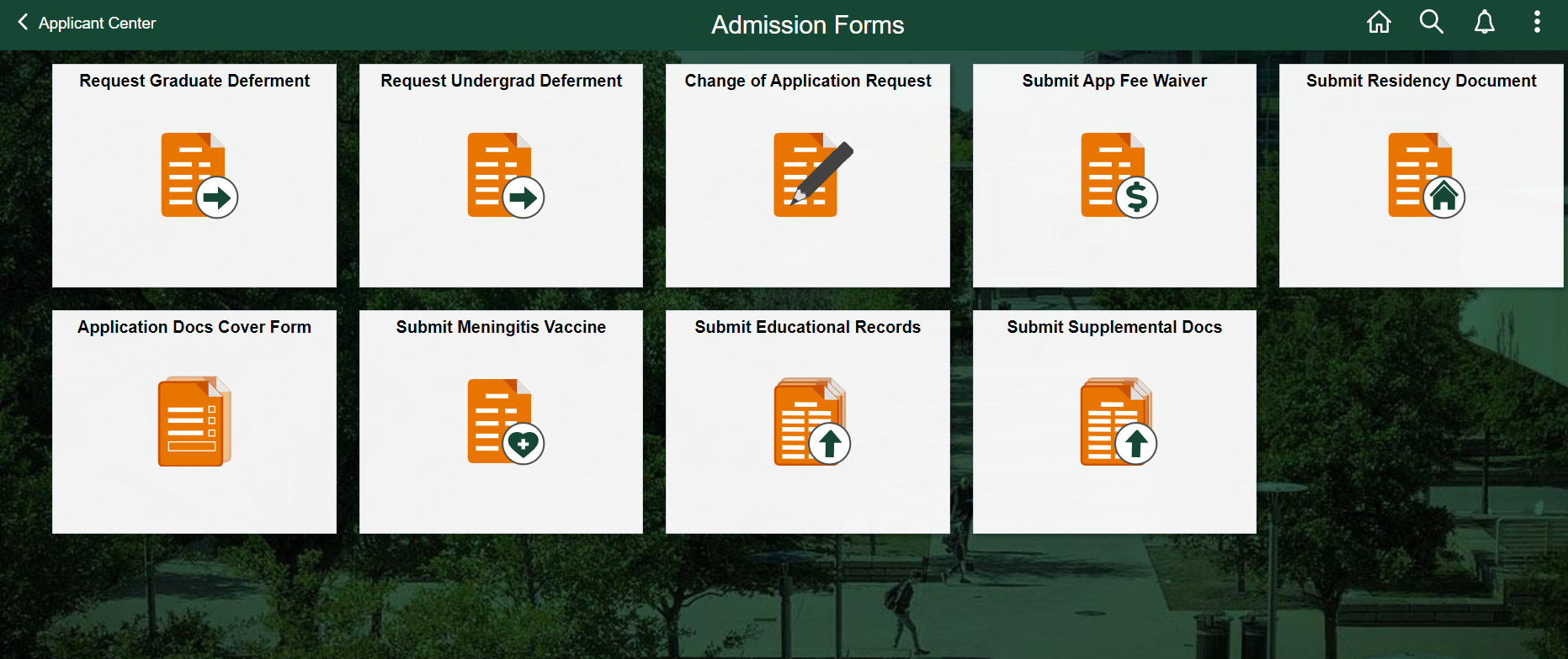 Select Admissions Forms Folder under the Orion Self-Service menu.