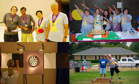 Clockwise from upper left: Badminton, Cake Competition, Darts, Horseshoes